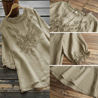 Buddha Stones Women's Flower Embroidery Design Crew Neck T-shirt Tee
