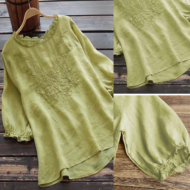Buddha Stones Women's Flower Embroidery Design Crew Neck T-shirt Tee