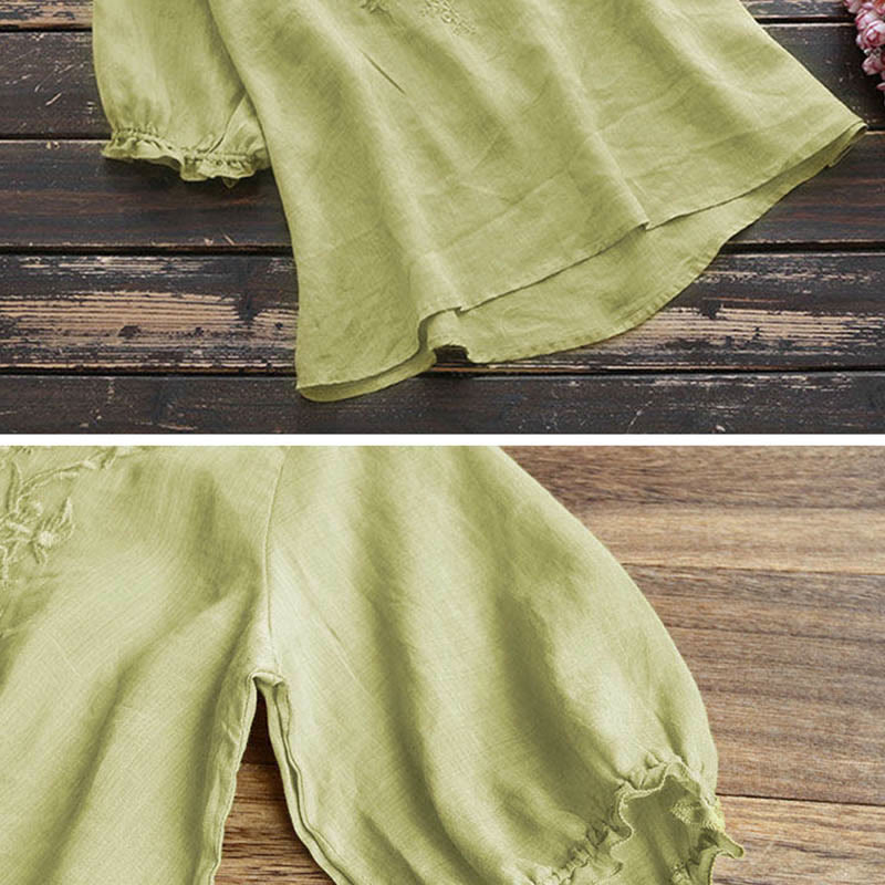 Buddha Stones Women's Flower Embroidery Design Crew Neck T-shirt Tee
