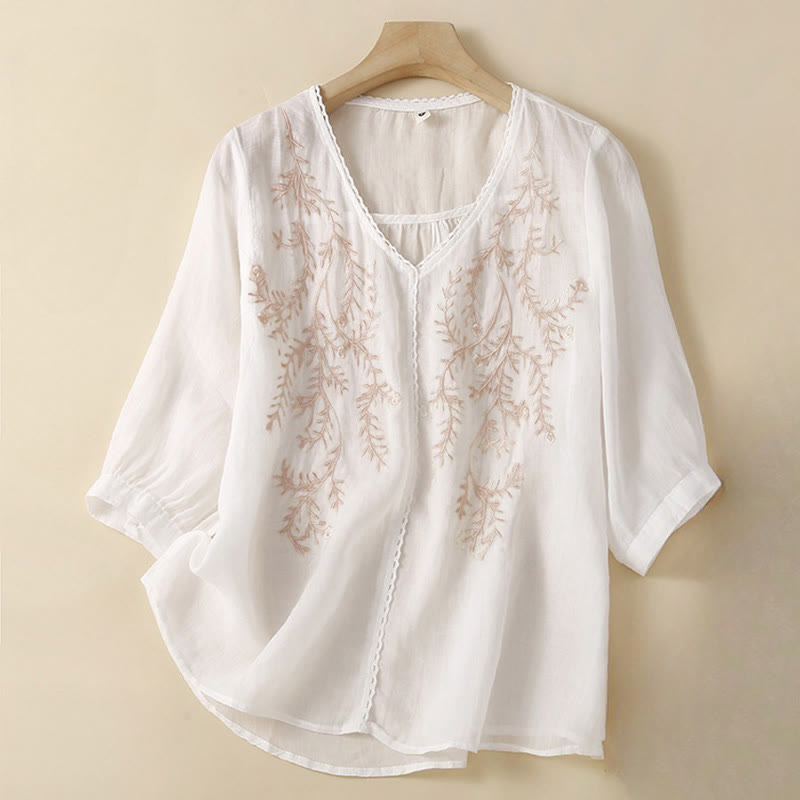 Buddha Stones Summer Casual Flower Branches Embroidered Pattern V-Neck Half Sleeve Women's T-shirt