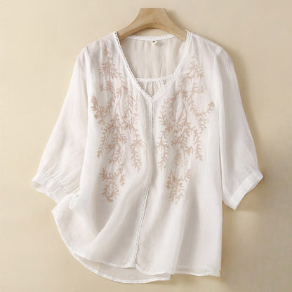Buddha Stones Summer Casual Flower Branches Embroidered Pattern V-Neck Half Sleeve Women's T-shirt