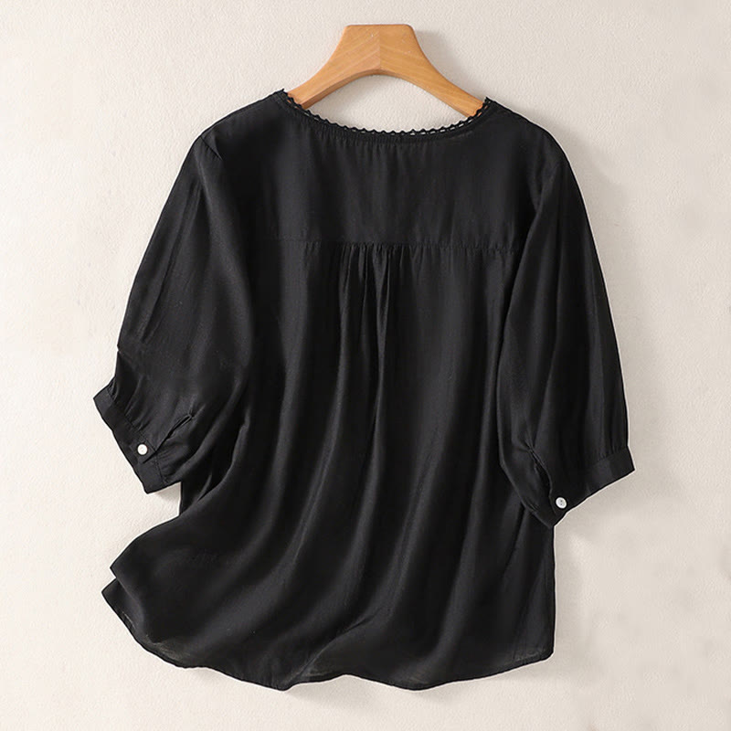 Buddha Stones Casual Embroidered Pattern Women's V-neck Design Half Sleeve T-Shirt