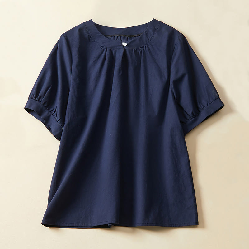 Buddha Stones Casual Plain Button Women's Short Sleeve Cotton Linen T-shirt