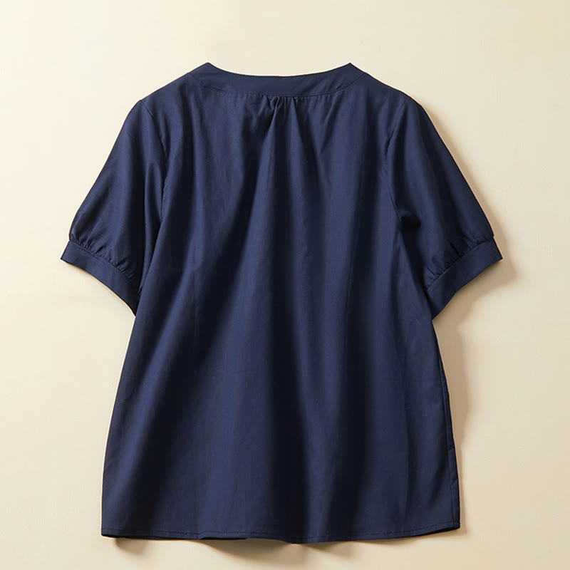 Buddha Stones Casual Plain Button Women's Short Sleeve Cotton Linen T-shirt
