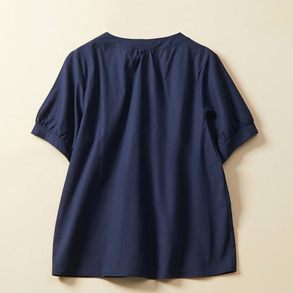 Buddha Stones Casual Plain Button Women's Short Sleeve Cotton Linen T-shirt