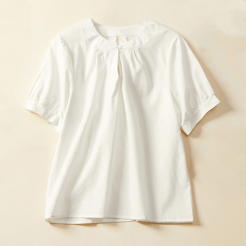 Buddha Stones Casual Plain Button Women's Short Sleeve Cotton Linen T-shirt