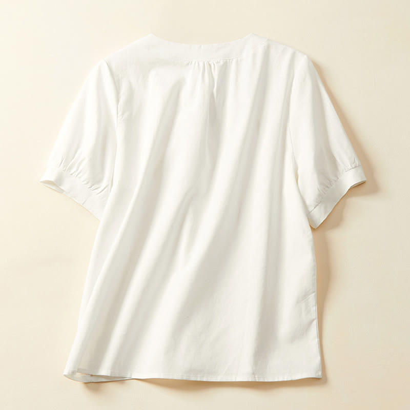 Buddha Stones Casual Plain Button Women's Short Sleeve Cotton Linen T-shirt