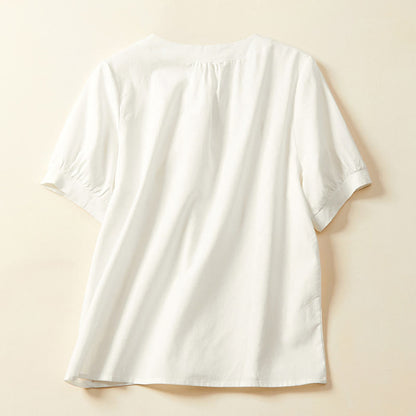 Buddha Stones Casual Plain Button Women's Short Sleeve Cotton Linen T-shirt