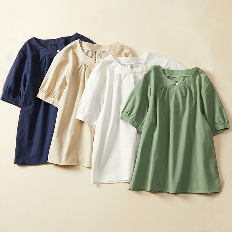 Buddha Stones Casual Plain Button Women's Short Sleeve Cotton Linen T-shirt