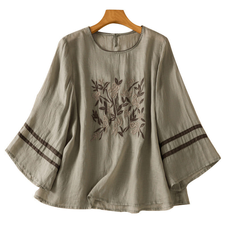 Buddha Stones Retro Embroidery Floral Three Quarter Sleeve Women's T-Shirt