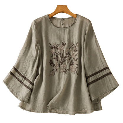 Buddha Stones Retro Embroidery Floral Three Quarter Sleeve Women's T-Shirt