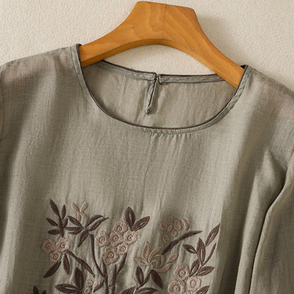 Buddha Stones Retro Embroidery Floral Three Quarter Sleeve Women's T-Shirt