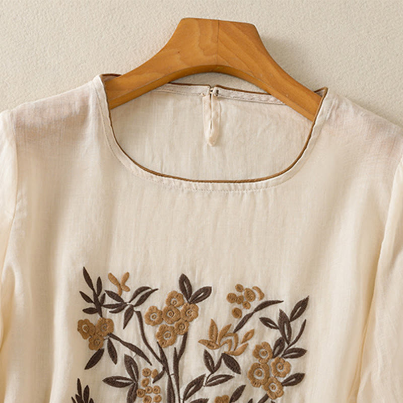 Buddha Stones Retro Embroidery Floral Three Quarter Sleeve Women's T-Shirt