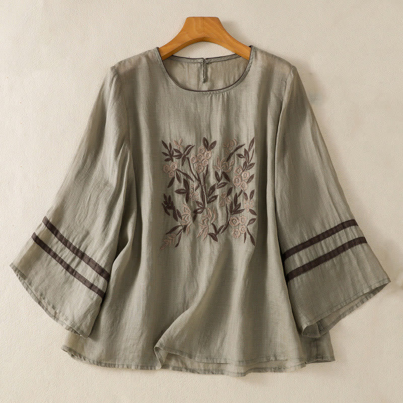 Buddha Stones Retro Embroidery Floral Three Quarter Sleeve Women's T-Shirt