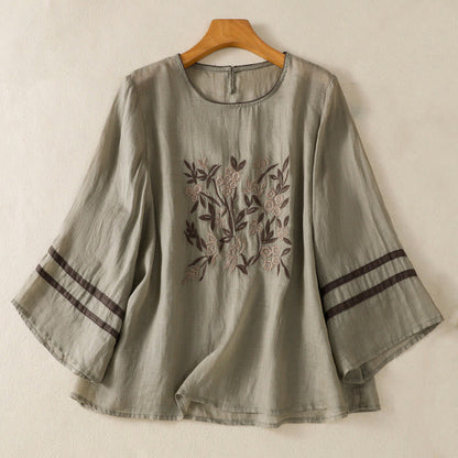 Buddha Stones Retro Embroidery Floral Three Quarter Sleeve Women's T-Shirt