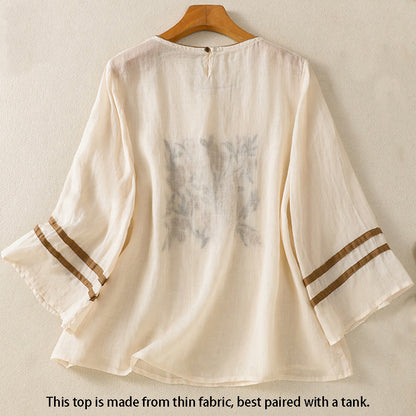 Buddha Stones Retro Embroidery Floral Three Quarter Sleeve Women's T-Shirt