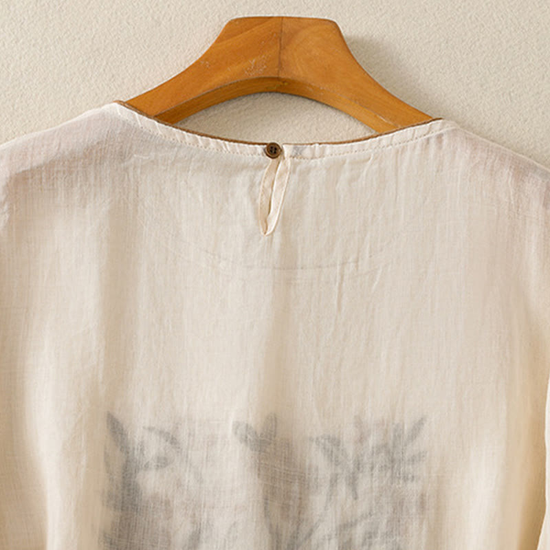 Buddha Stones Retro Embroidery Floral Three Quarter Sleeve Women's T-Shirt