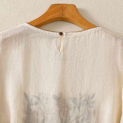 Buddha Stones Retro Embroidery Floral Three Quarter Sleeve Women's T-Shirt