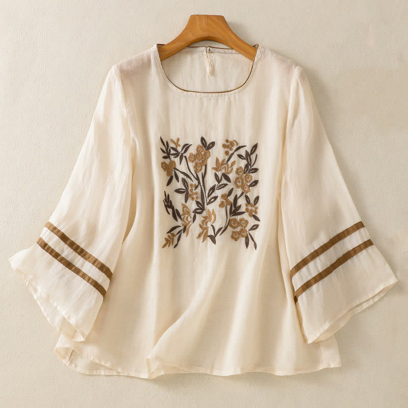 Buddha Stones Retro Embroidery Floral Three Quarter Sleeve Women's T-Shirt