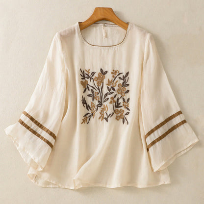Buddha Stones Retro Embroidery Floral Three Quarter Sleeve Women's T-Shirt
