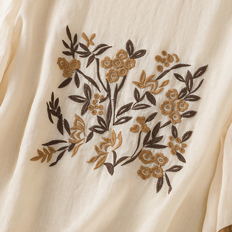 Buddha Stones Retro Embroidery Floral Three Quarter Sleeve Women's T-Shirt