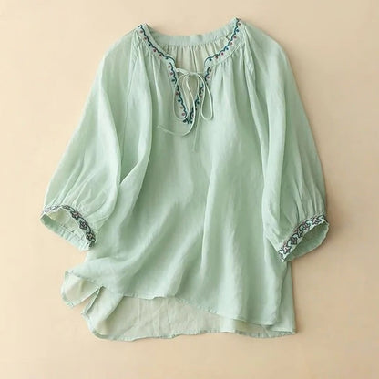 Buddha Stones Summer Embroided Three Quarter Lantern Sleeve Women's T-Shirt
