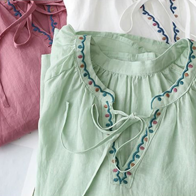 Buddha Stones Summer Embroided Three Quarter Lantern Sleeve Women's T-Shirt