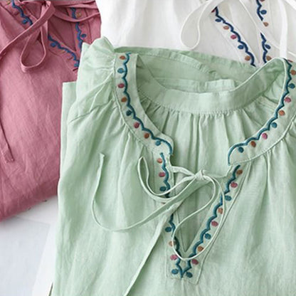 Buddha Stones Summer Embroided Three Quarter Lantern Sleeve Women's T-Shirt