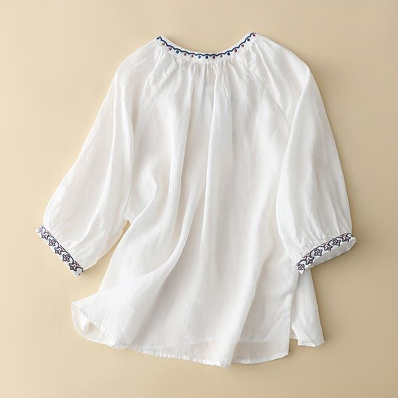 Buddha Stones Summer Embroided Three Quarter Lantern Sleeve Women's T-Shirt
