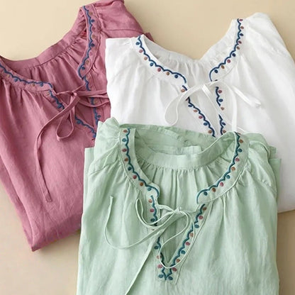 Buddha Stones Summer Embroided Three Quarter Lantern Sleeve Women's T-Shirt