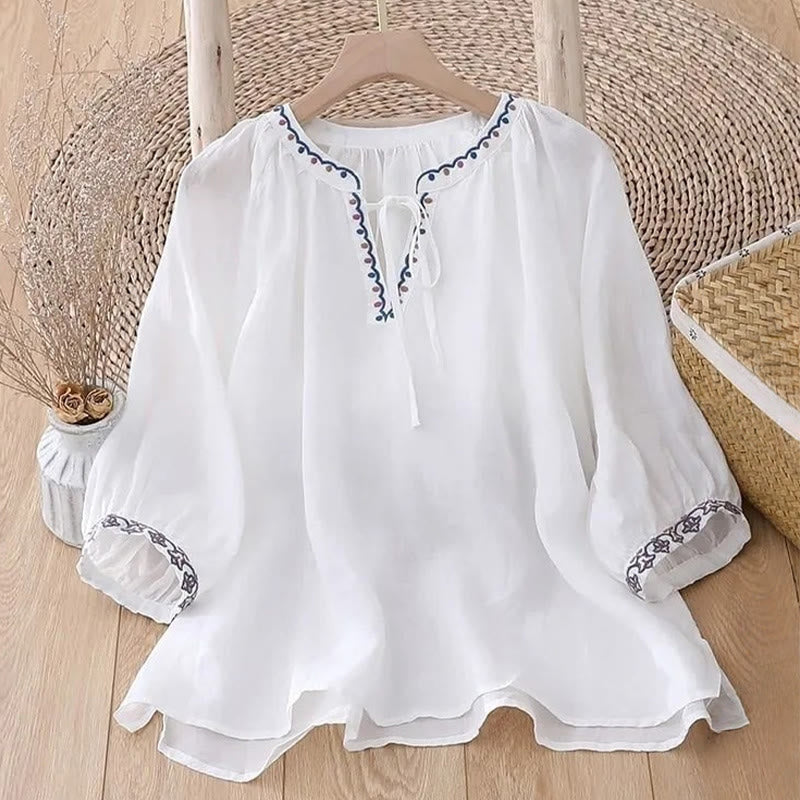 Buddha Stones Summer Embroided Three Quarter Lantern Sleeve Women's T-Shirt