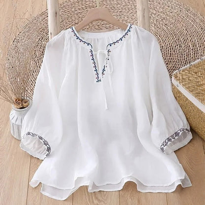 Buddha Stones Summer Embroided Three Quarter Lantern Sleeve Women's T-Shirt