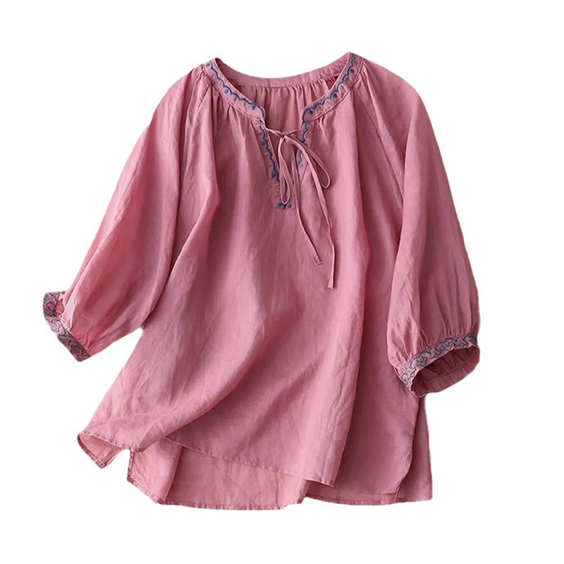 Buddha Stones Summer Embroided Three Quarter Lantern Sleeve Women's T-Shirt
