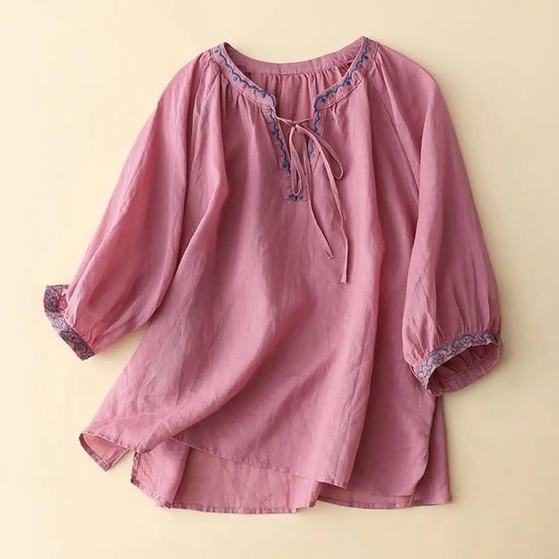 Buddha Stones Summer Embroided Three Quarter Lantern Sleeve Women's T-Shirt