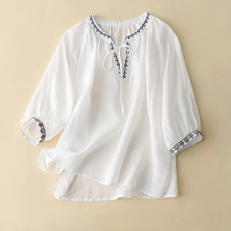 Buddha Stones Summer Embroided Three Quarter Lantern Sleeve Women's T-Shirt