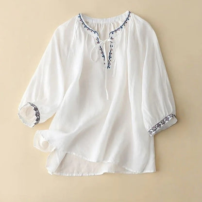 Buddha Stones Summer Embroided Three Quarter Lantern Sleeve Women's T-Shirt