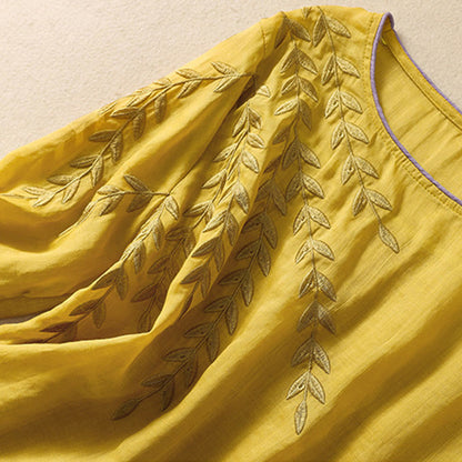Buddha Stones Embroidery Leaves Women's Half Sleeve T-shirt