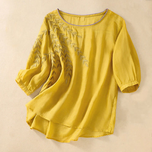 Buddha Stones Embroidery Leaves Women's Half Sleeve T-shirt