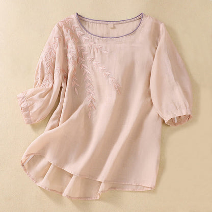 Buddha Stones Embroidery Leaves Women's Half Sleeve T-shirt