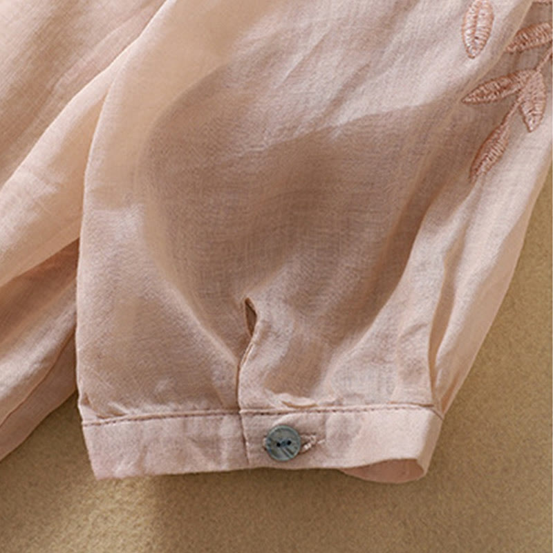 Buddha Stones Embroidery Leaves Women's Half Sleeve T-shirt