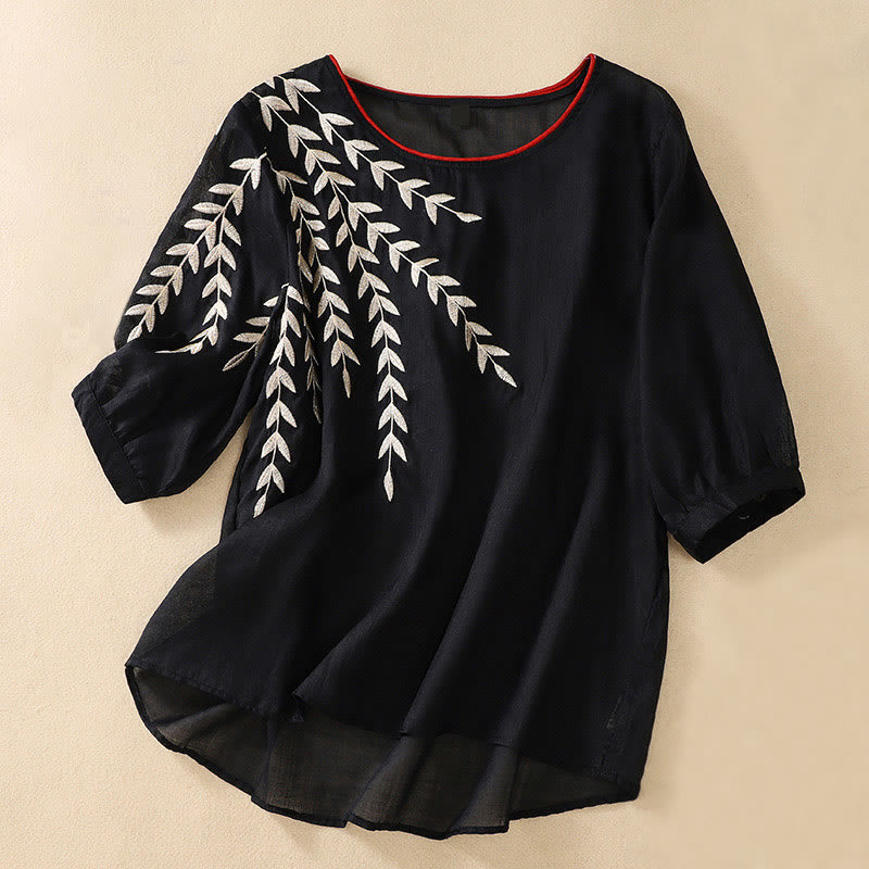 Buddha Stones Embroidery Leaves Women's Half Sleeve T-shirt
