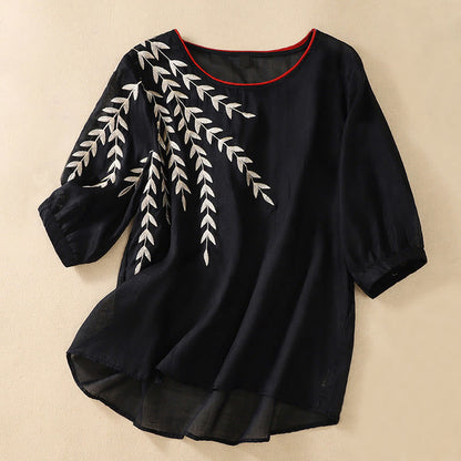 Buddha Stones Embroidery Leaves Women's Half Sleeve T-shirt