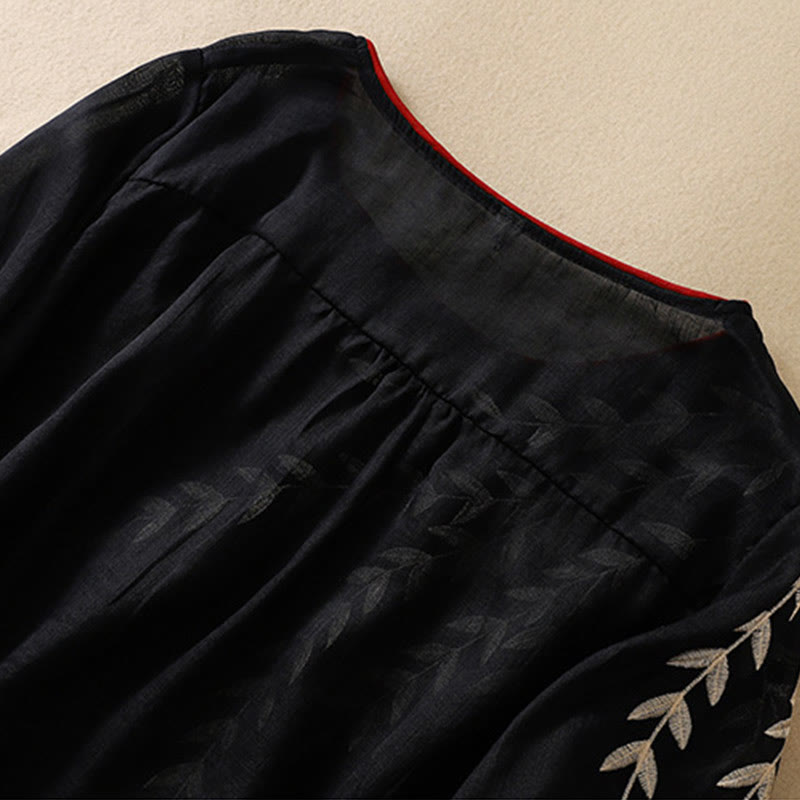 Buddha Stones Embroidery Leaves Women's Half Sleeve T-shirt
