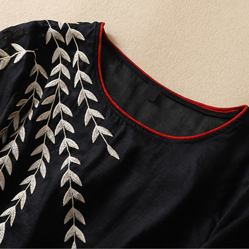 Buddha Stones Embroidery Leaves Women's Half Sleeve T-shirt