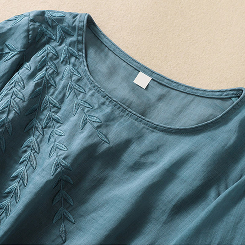 Buddha Stones Embroidery Leaves Women's Half Sleeve T-shirt
