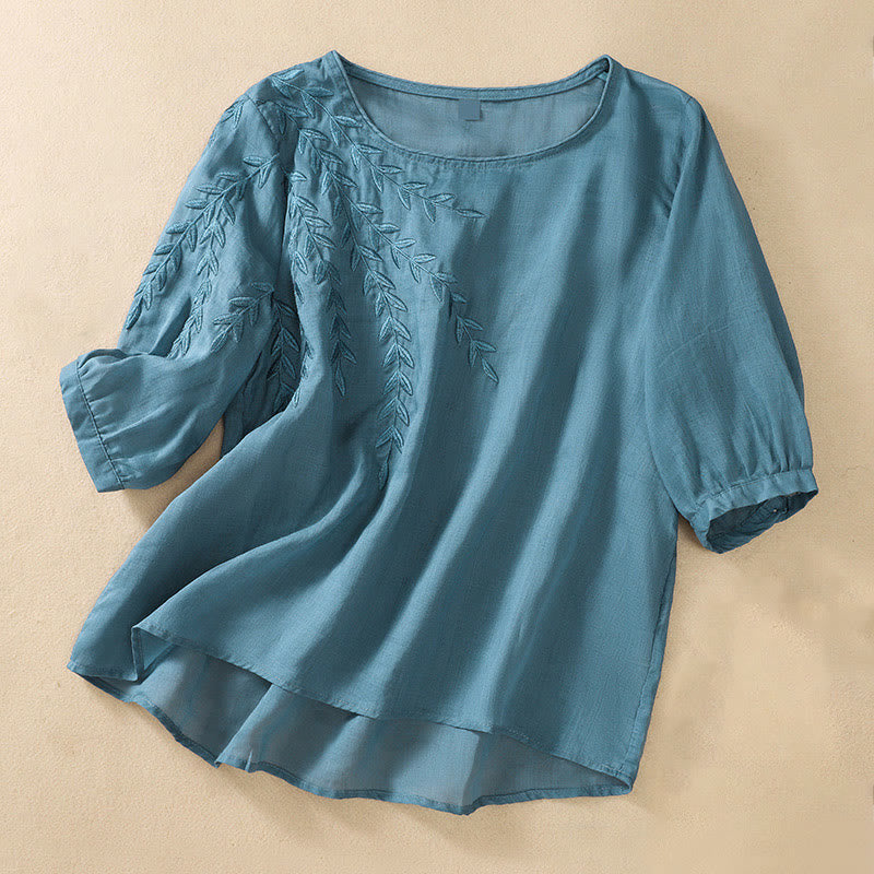 Buddha Stones Embroidery Leaves Women's Half Sleeve T-shirt