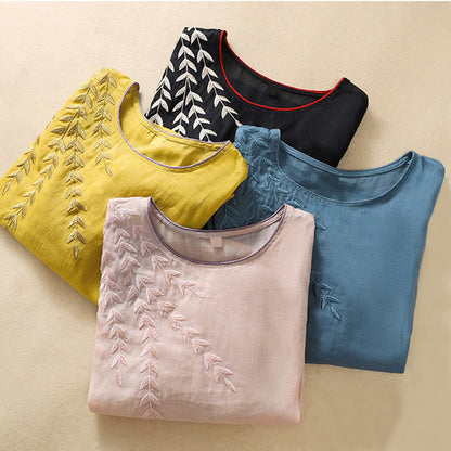 Buddha Stones Embroidery Leaves Women's Half Sleeve T-shirt