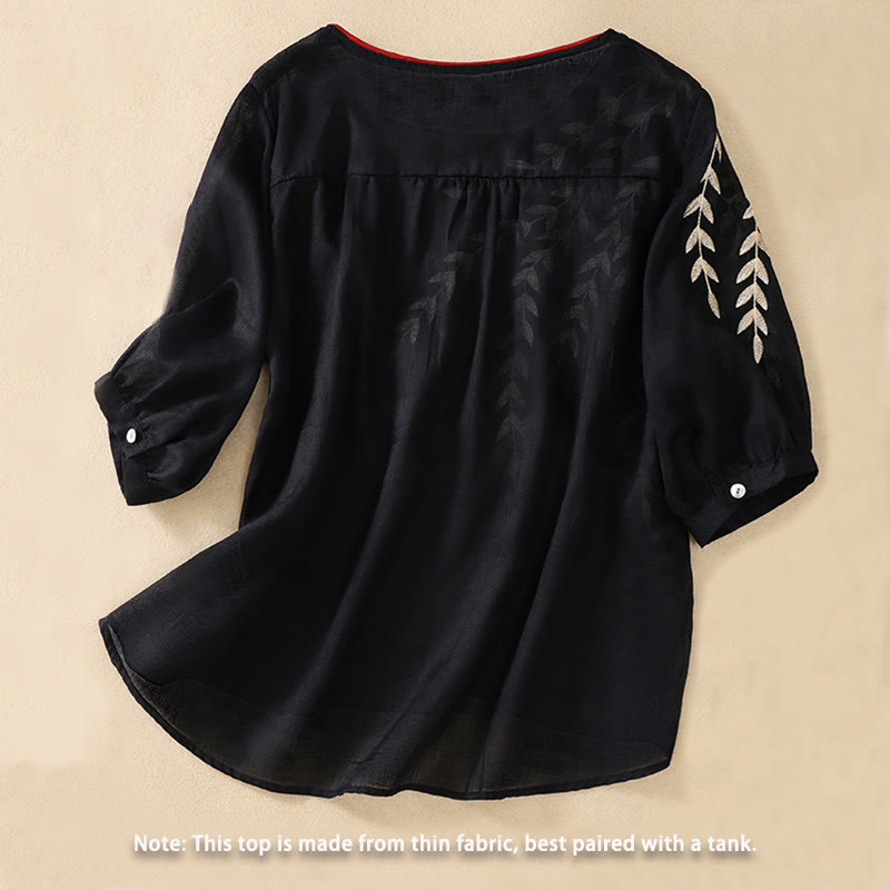 Buddha Stones Embroidery Leaves Women's Half Sleeve T-shirt