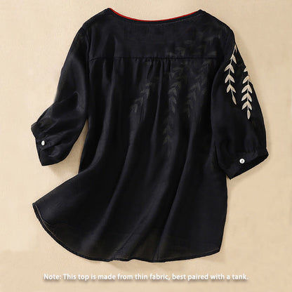 Buddha Stones Embroidery Leaves Women's Half Sleeve T-shirt