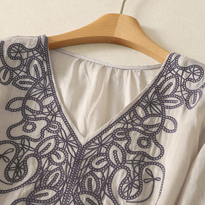 Buddha Stones Embroidered V-neck Casual Women's Half Sleeve T-shirt